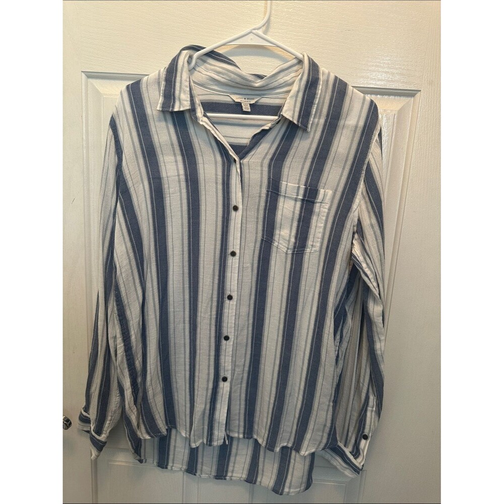 Lucky Brand Blue and White Classic Striped Button-Down Shirt Beachy Coastal Med